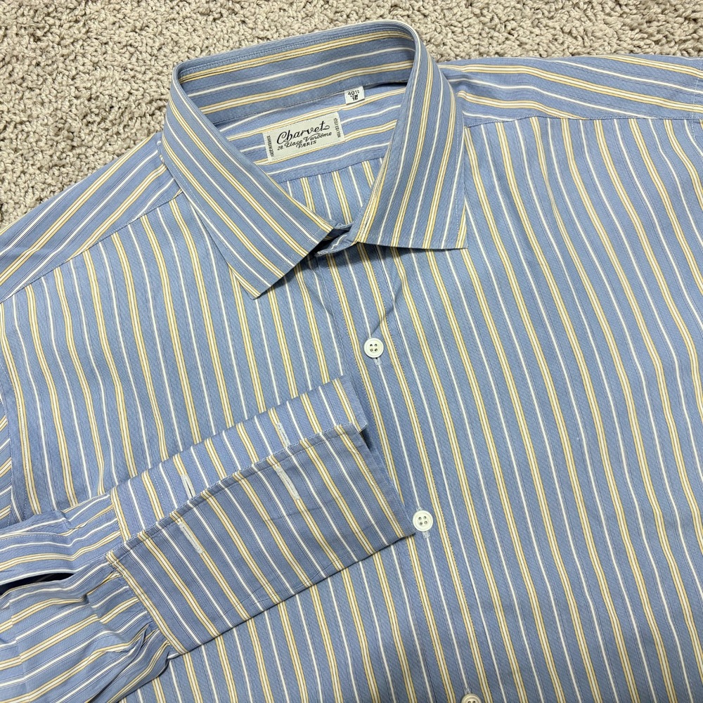 Charvet Dress Shirt Men 16 / 40.5 Large Blue Yellow Vertical Stripe French Cuff